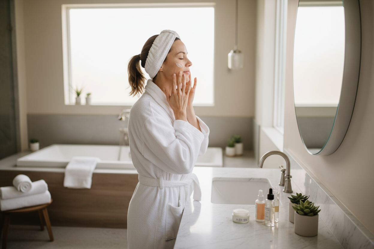une femme qui se fait une skincare dans sa salle de bain