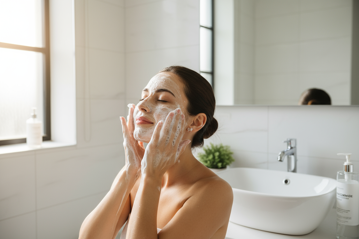 une femme qui se lave le visage avec de la mousse niacinamide dans une salle de bain